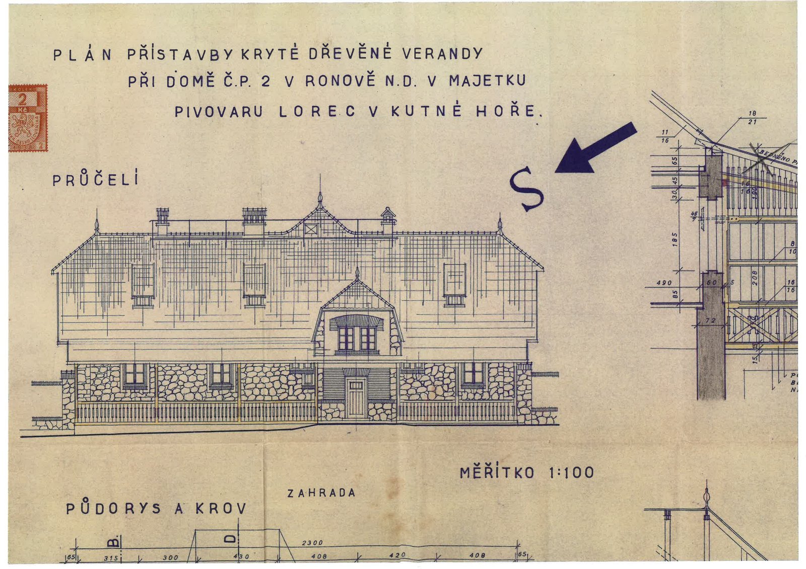 Plán přístavby kryté dřevěné verandy k domu čp. 2 v Ronově n. D., z doby, kdy byl pivovar v majetku Pivovaru Lorec v Kutné Hoře.